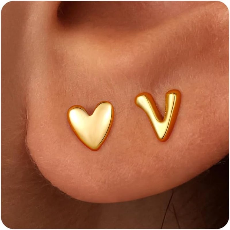 JIAOGE Valentines Day Gifts for Kids Teen Girl Jewelry - 2 Pairs S925 Sterling Silver Post Gold/Rose Gold Heart Initial Stud Earrings for Girls Teen Girl Gifts Hypoallergenic Earring for Women Jewelry - Image 1